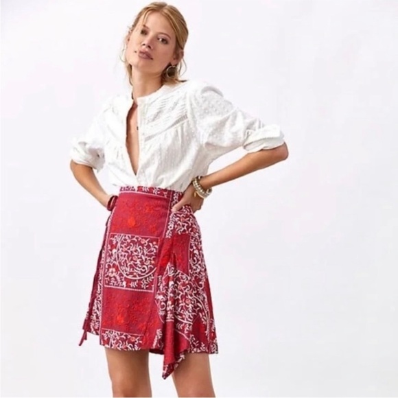 Anthropologie Red Embroidered Ruffle Mini Skirt NWT - Picture 1 of 9